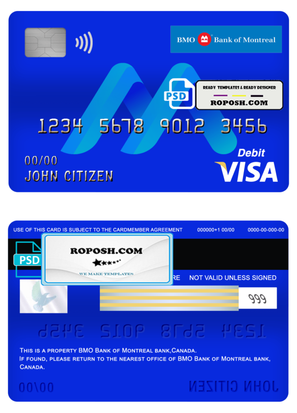 Canada BMO Bank of Montreal bank visa card debit card template in PSD format, fully editable