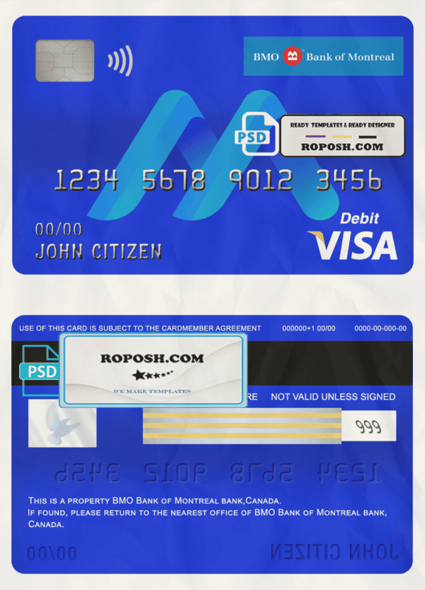 Canada BMO Bank of Montreal bank visa card debit card template in PSD format, fully editable