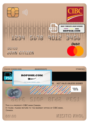 Canada CIBC bank mastercard debit card template in PSD format, fully editable