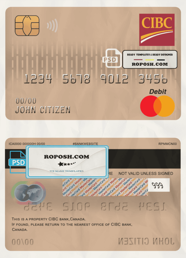 Canada CIBC bank mastercard debit card template in PSD format, fully editable