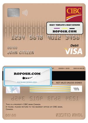 Canada CIBC bank visa card debit card template in PSD format, fully editable