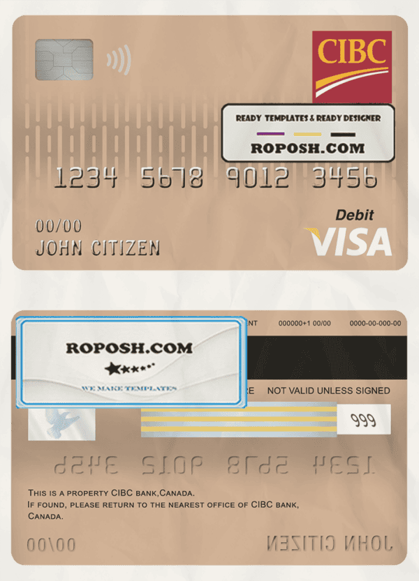 Canada CIBC bank visa card debit card template in PSD format, fully editable