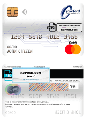 Canada CrawfordTech bank mastercard debit card template in PSD format, fully editable