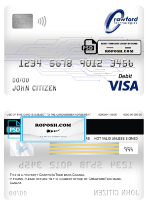 Canada CrawfordTech bank visa card debit card template in PSD format, fully editable