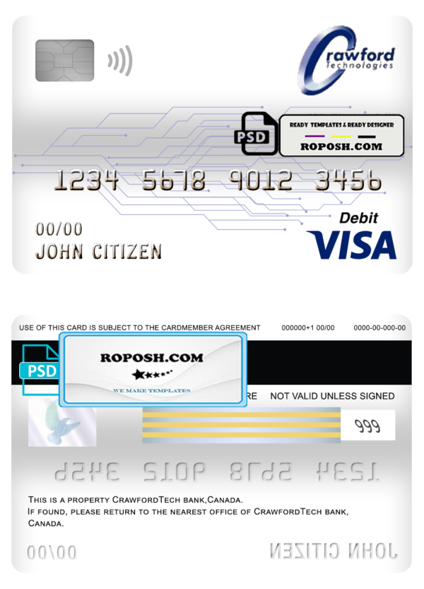 Canada CrawfordTech bank visa card debit card template in PSD format, fully editable