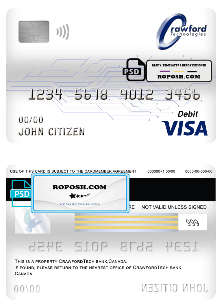 Canada CrawfordTech bank visa card debit card template in PSD format ...