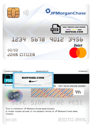Canada JP Morgan Chase bank mastercard debit card template in PSD format, fully editable