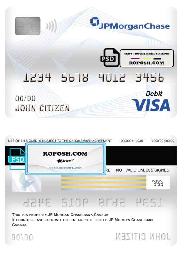 Canada JP Morgan Chase bank visa card debit card template in PSD format, fully editable