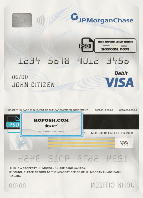 Canada JP Morgan Chase bank visa card debit card template in PSD format, fully editable