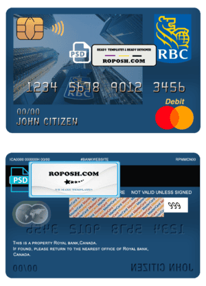 Canada Royal Bank of Canada (RBC) bank mastercard debit card template in PSD format, fully editable