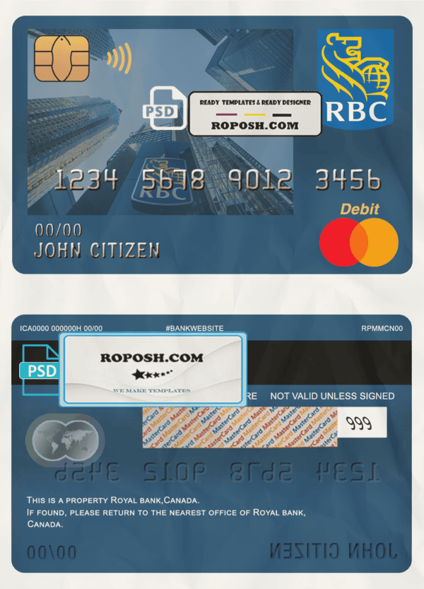 Canada Royal Bank of Canada (RBC) bank mastercard debit card template in PSD format, fully editable