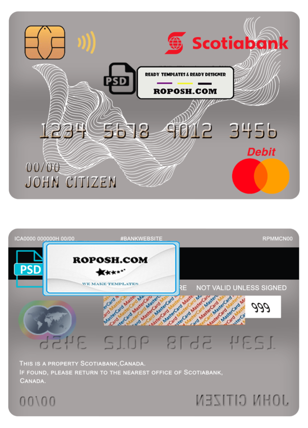 Canada Scotiabank bank mastercard debit card template in PSD format, fully editable