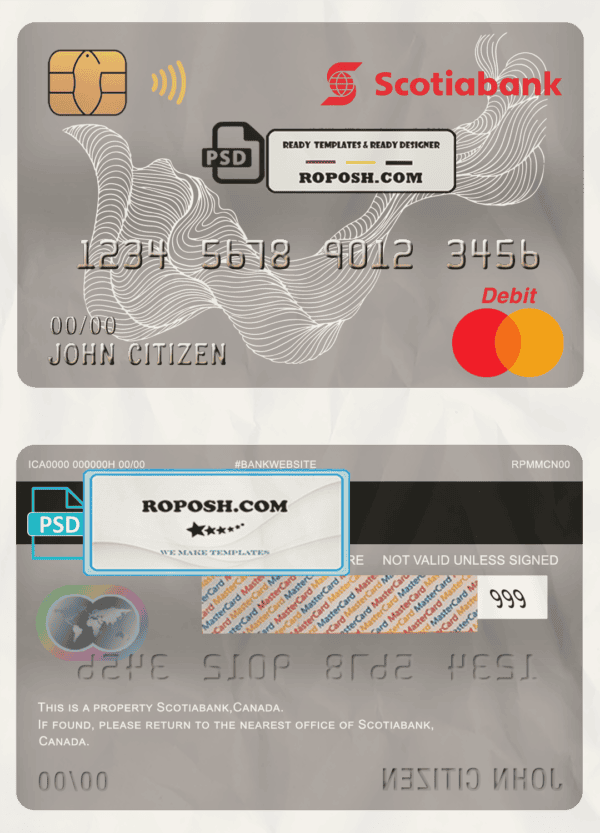Canada Scotiabank bank mastercard debit card template in PSD format, fully editable
