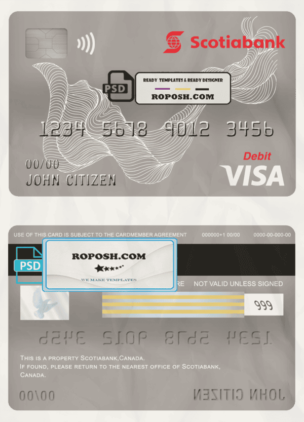 Canada Scotiabank bank visa card debit card template in PSD format, fully editable