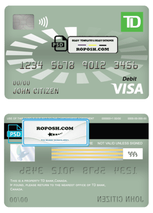 Canada TD bank visa debit card template in PSD format, fully editable