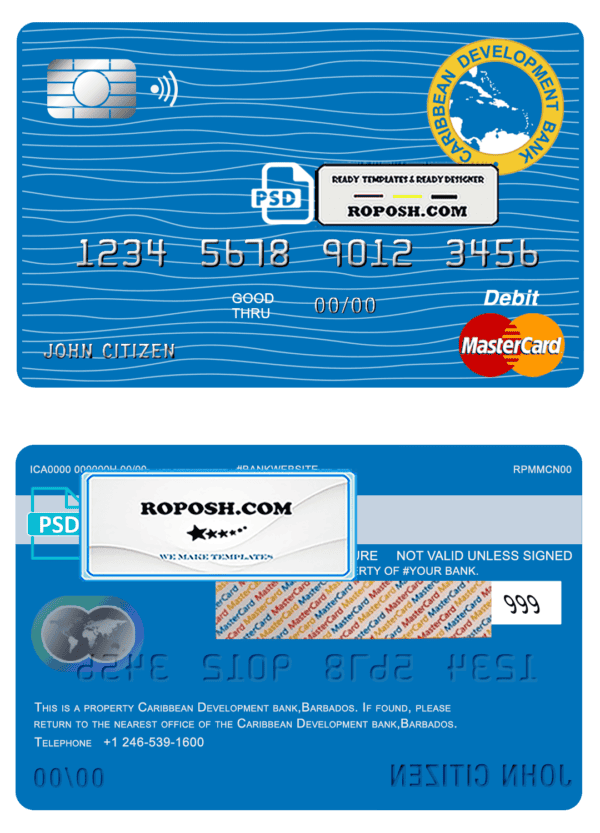 Barbados Caribbean Development Bank mastercard debit card template in PSD format, fully editable