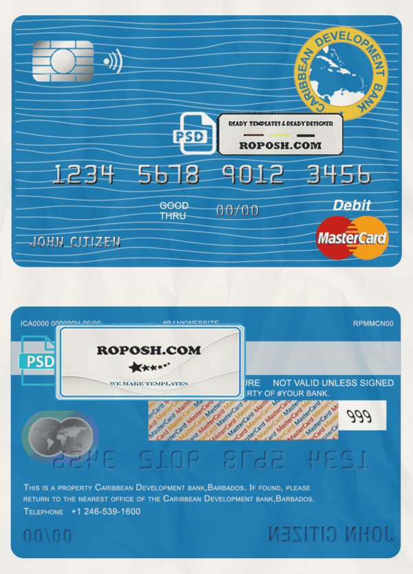Barbados Caribbean Development Bank mastercard debit card template in PSD format, fully editable