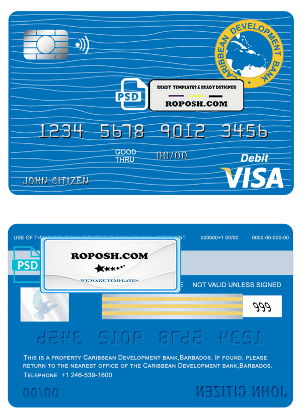 Barbados Caribbean Development Bank visa card debit card template in PSD format, fully editable