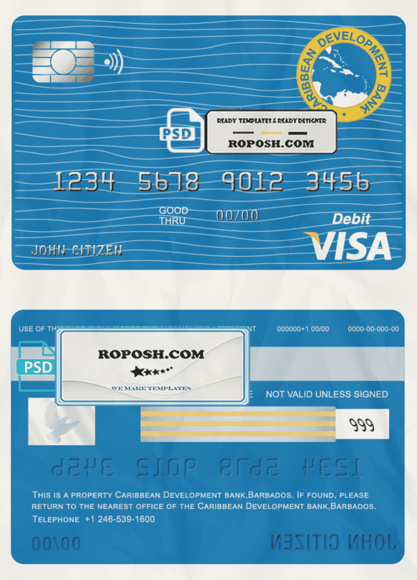 Barbados Caribbean Development Bank visa card debit card template in PSD format, fully editable