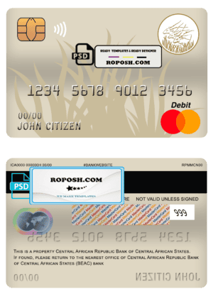 Central African Republic Bank of Central African States (BEAC) bank mastercard debit card template in PSD format, fully editable