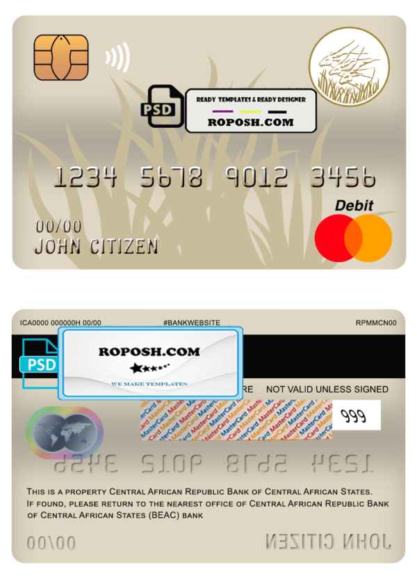 Central African Republic Bank of Central African States (BEAC) bank mastercard debit card template in PSD format, fully editable
