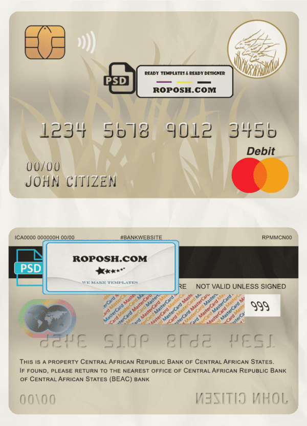 Central African Republic Bank of Central African States (BEAC) bank mastercard debit card template in PSD format, fully editable