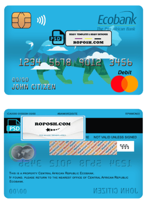 Central African Republic Ecobank mastercard debit card template in PSD format, fully editable