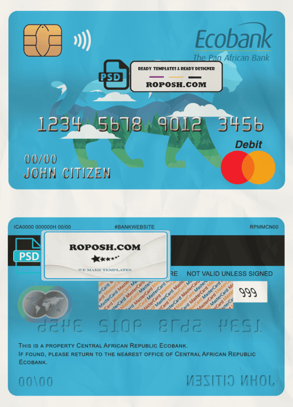 Central African Republic Ecobank mastercard debit card template in PSD format, fully editable