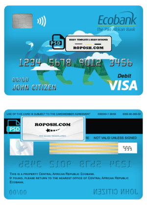Central African Republic Ecobank visa card debit card template in PSD format, fully editable