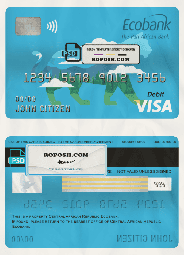 Central African Republic Ecobank visa card debit card template in PSD format, fully editable