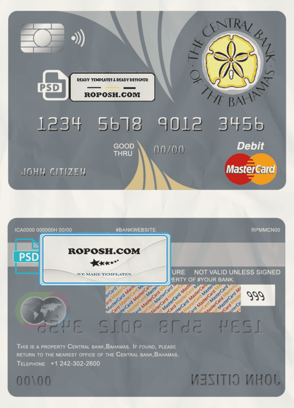 Bahamas The Central bank mastercard debit card template in PSD format, fully editable
