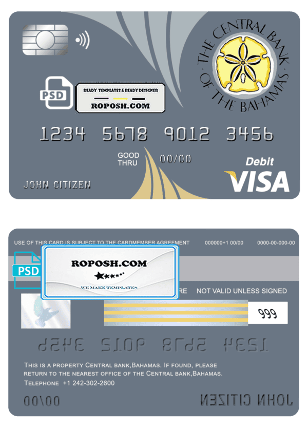 Bahamas The Central bank visa card debit card template in PSD format, fully editable
