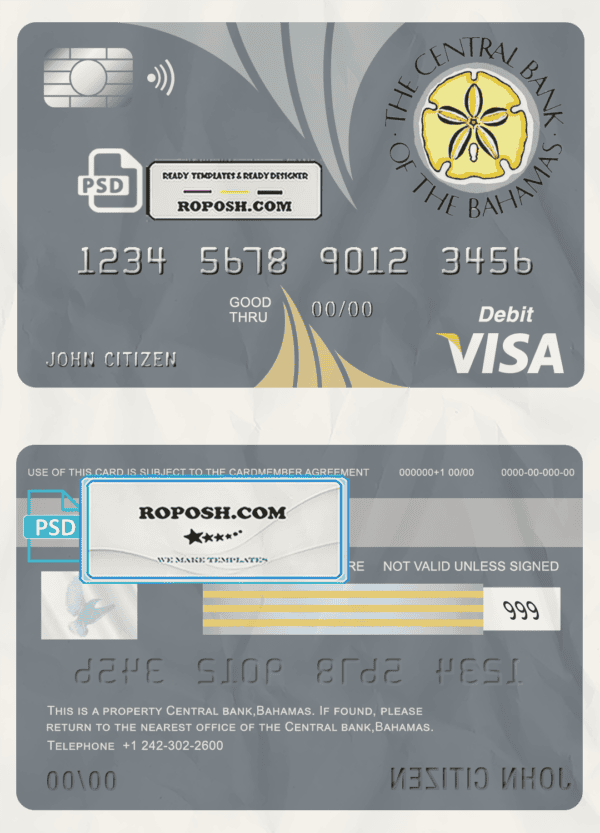 Bahamas The Central bank visa card debit card template in PSD format, fully editable