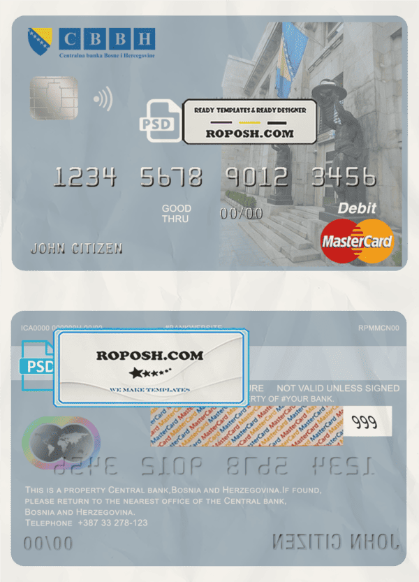 Bosnia and Herzegovina Central Bank mastercard debit card template in PSD format, fully editable