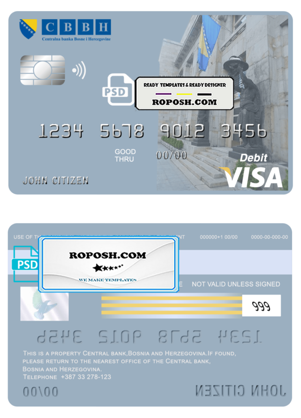 Bosnia and Herzegovina Central Bank visa card debit card template in PSD format, fully editable