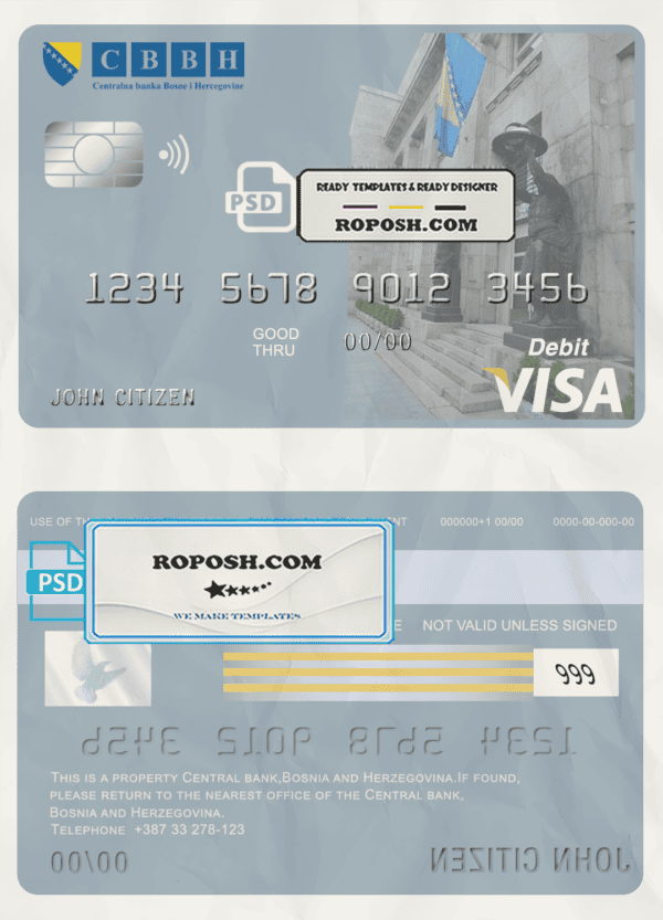 Bosnia and Herzegovina Central Bank visa card debit card template in PSD format, fully editable