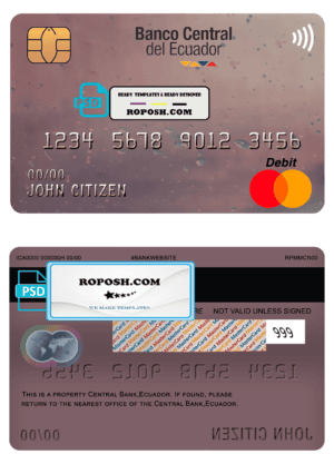 Ecuador Central Bank mastercard debit card template in PSD format, fully editable