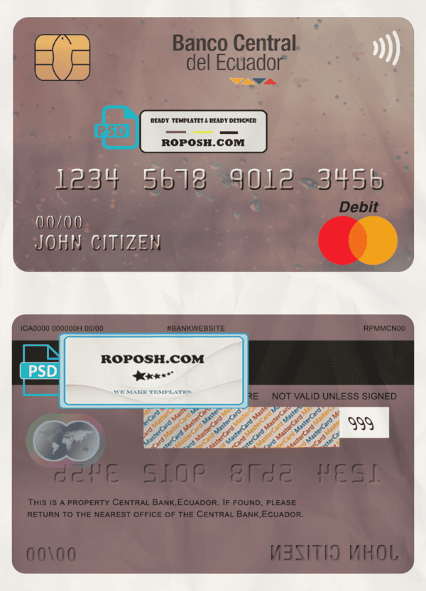 Ecuador Central Bank mastercard debit card template in PSD format, fully editable