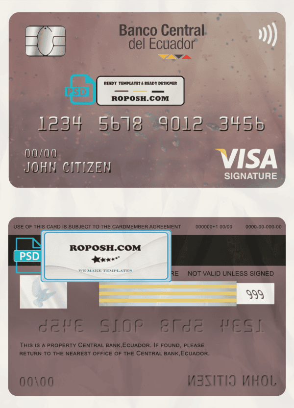 Ecuador Central Bank visa signature card template in PSD format, fully editable