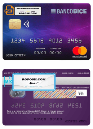 Chile BICE bank mastercard credit card template in PSD format, fully editable