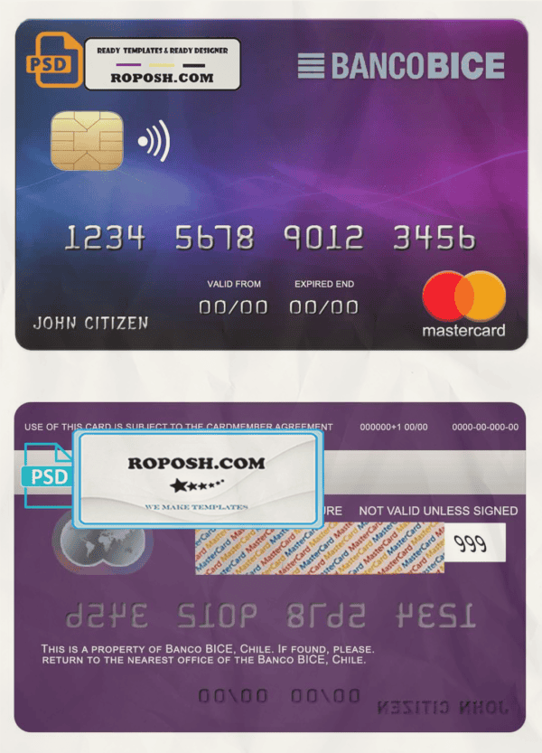 Chile BICE bank mastercard credit card template in PSD format, fully editable