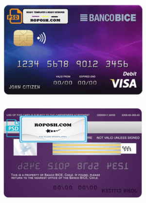 Chile BICE bank visa credit card template in PSD format, fully editable