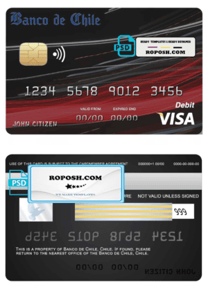 Chile Banco de Chile bank visa credit card template in PSD format, fully editable