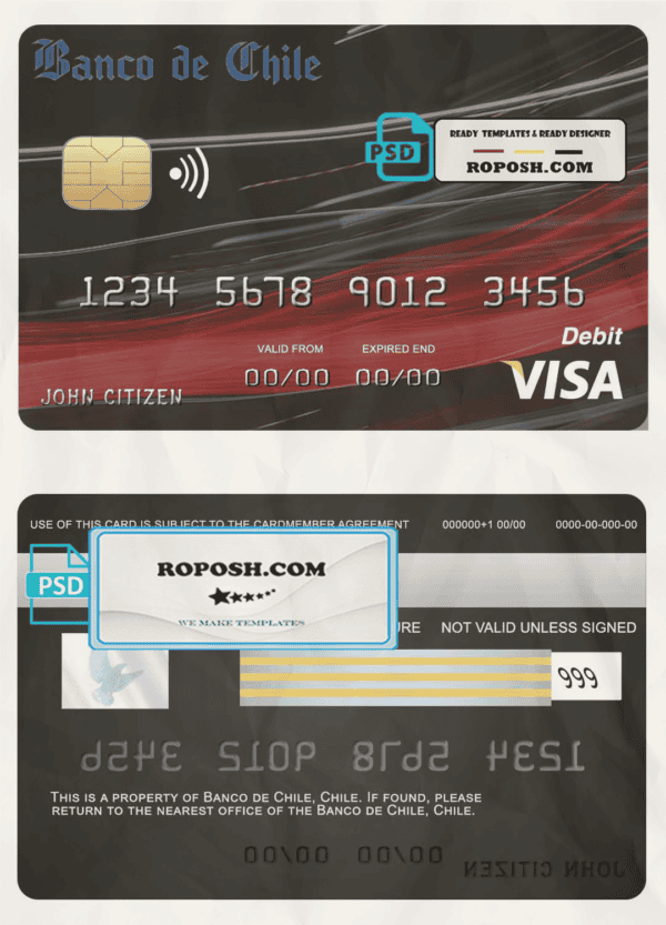 Chile Banco de Chile bank visa credit card template in PSD format, fully editable