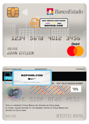 Chile Banco del Estado de Chile bank mastercard debit card template in PSD format, fully editable