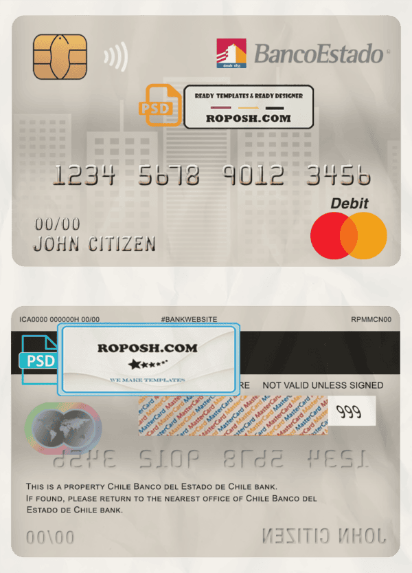 Chile Banco del Estado de Chile bank mastercard debit card template in PSD format, fully editable