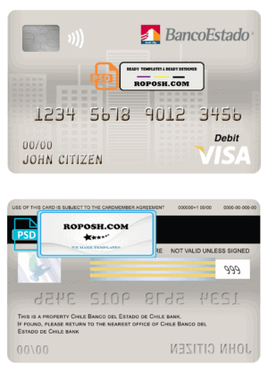 Chile Banco del Estado de Chile bank visa card debit card template in PSD format, fully editable
