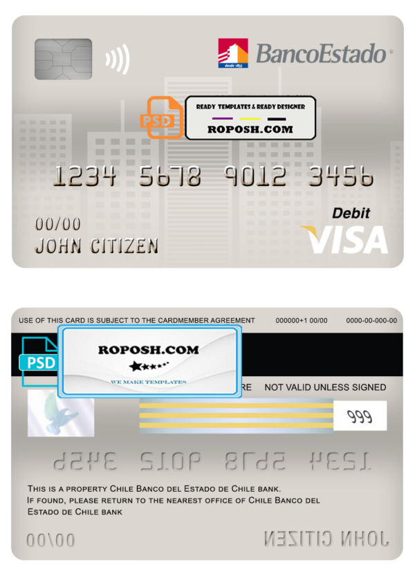Chile Banco del Estado de Chile bank visa card debit card template in PSD format, fully editable