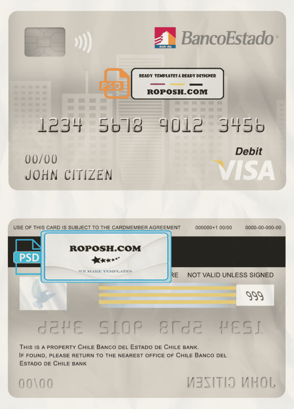 Chile Banco del Estado de Chile bank visa card debit card template in PSD format, fully editable