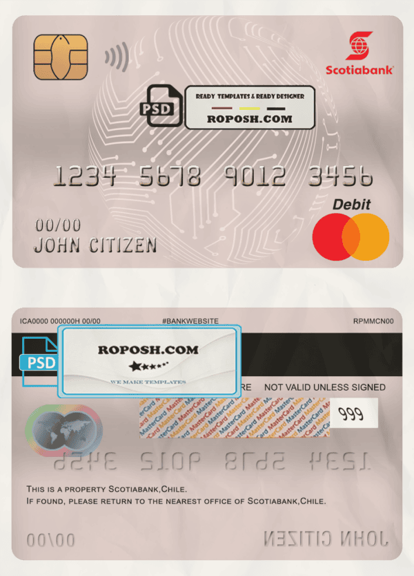 Chile Scotiabank bank mastercard debit card template in PSD format, fully editable